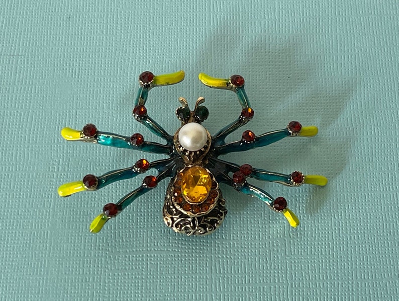 Large tarantula brooch, rhinestone spider pin, spider jewelry, wedding spider, lucky spider, blue spider pin, yellow spider, big spider pin image 3