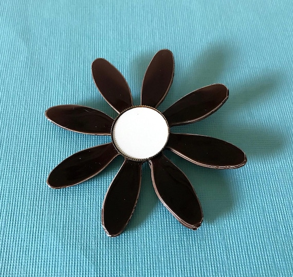 Vintage brown and white flower brooch pin daisy brooch enamel flower brooch large enamel flower brooch 1960s brooch