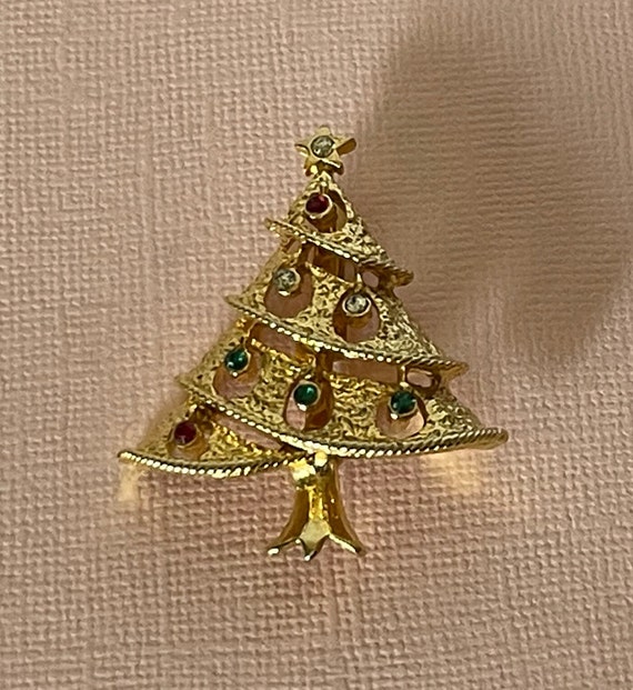 Vintage Christmas tree brooch, gold Christmas tre… - image 2