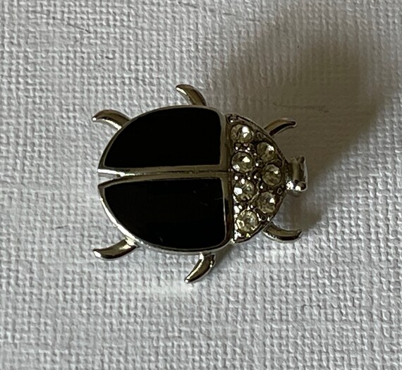 Vintage lady bug brooch, black beetle brooch, rhi… - image 3