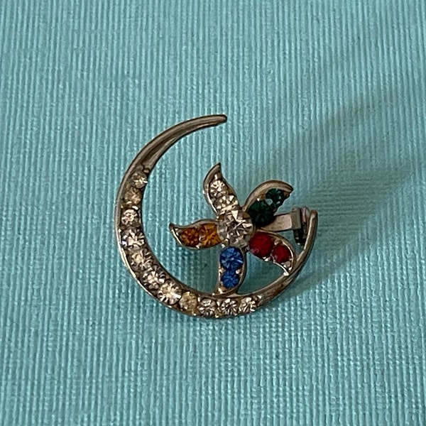 Vintage Order of the Eastern Star brooch, OES brooch, Eastern Star jewelry, Eastern Star crescent moon pin, masonic jewelry, OES rhinestone