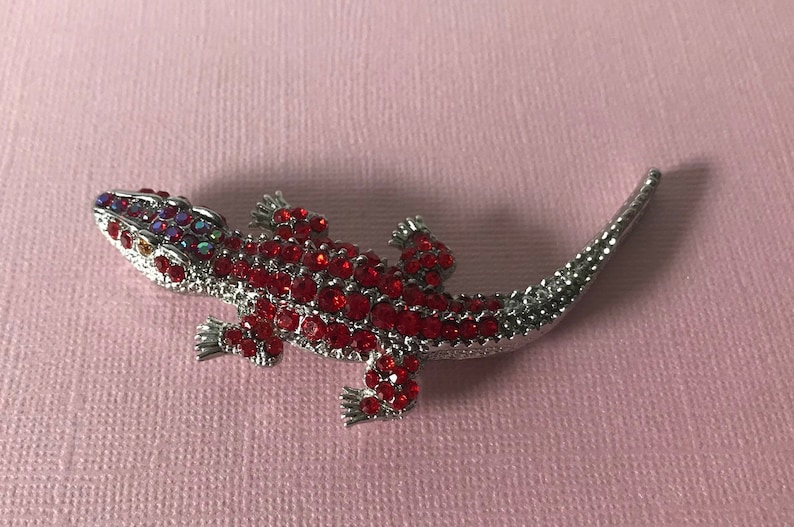 Rhinestone Alligator Pin Alligator Brooch Crocodile Pin Red Etsy