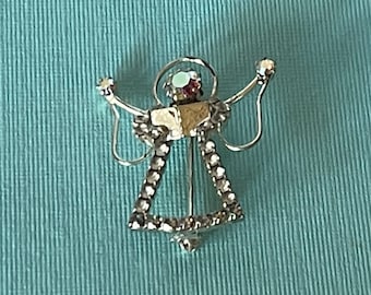 Vintage ängelbrosch, ängelnål med strass, sjungande ängelnål, julängelnål, ängelsmycken, kristna smycken, religiösa smycken,