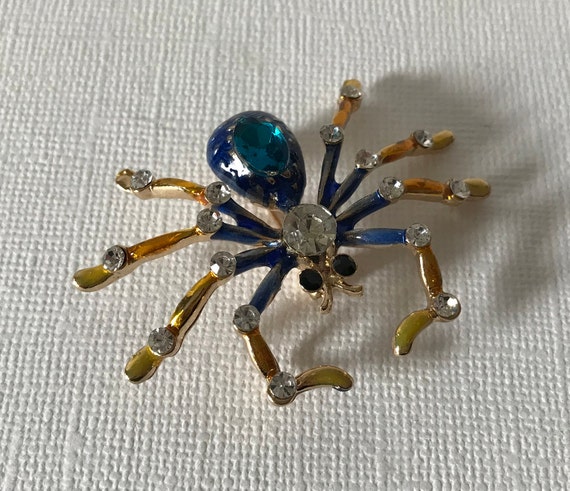Rhinestone spider brooch, blue rhinestone spider … - image 3