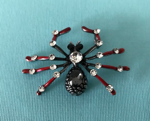 Black and red rhinestone spider pin, spider brooc… - image 1