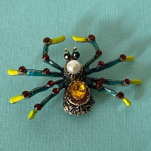 Large tarantula brooch, rhinestone spider pin, spider jewelry, wedding spider, lucky spider, blue spider pin, yellow spider, big spider pin image 1