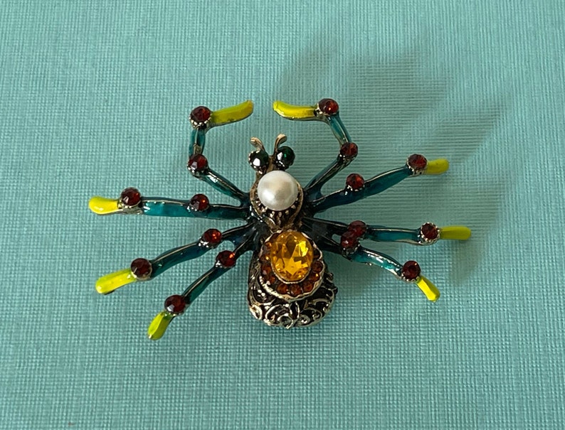 Large tarantula brooch, rhinestone spider pin, spider jewelry, wedding spider, lucky spider, blue spider pin, yellow spider, big spider pin image 1