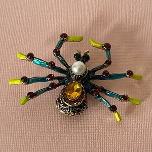 Large tarantula brooch, rhinestone spider pin, spider jewelry, wedding spider, lucky spider, blue spider pin, yellow spider, big spider pin image 2