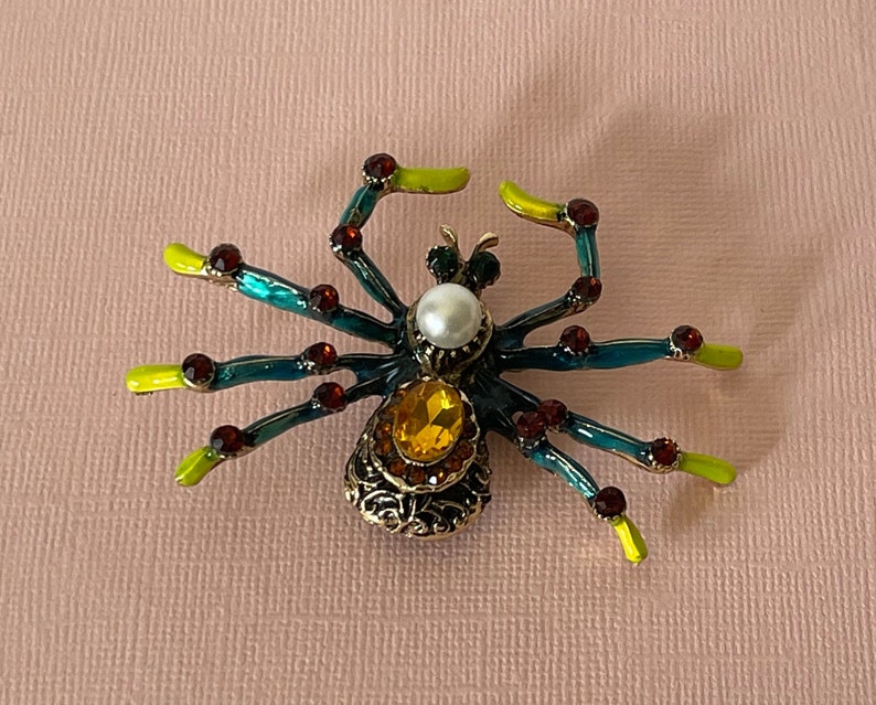 Large tarantula brooch, rhinestone spider pin, spider jewelry, wedding spider, lucky spider, blue spider pin, yellow spider, big spider pin image 2