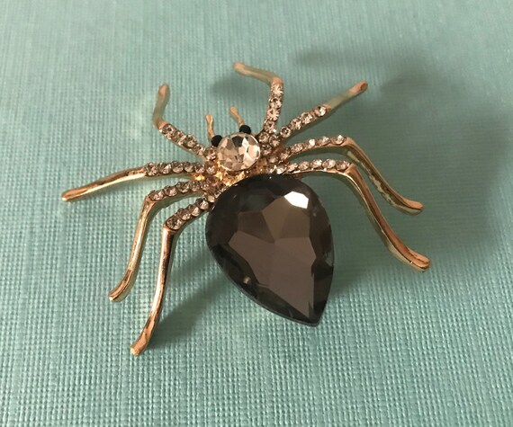Rhinestone spider pin, black spider pin, gold spid