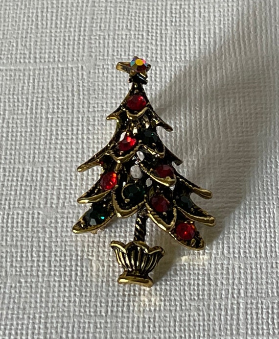 Rhinestone Christmas tree pin, green and red Chri… - image 2