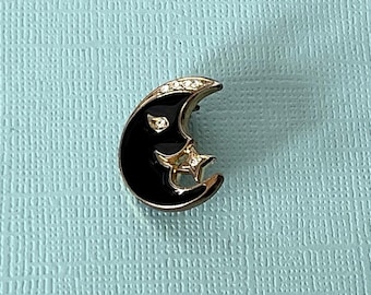 Vintage crescent moon brooch, moon brooch, rhinestone crescent moon pin, to the moon and back, crescent moon pin, blak moon pin, moon