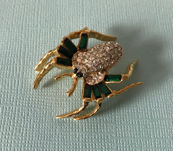 Vintage green rhinestone spider brooch, high end … - image 8