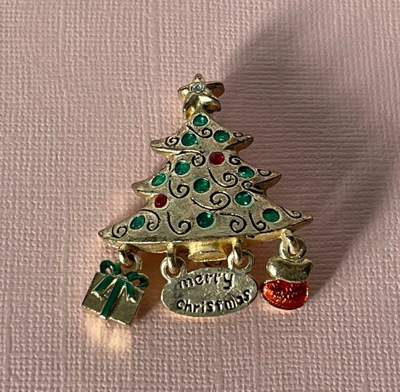 Vintage Christmas tree brooch, gold Christmas tre… - image 2