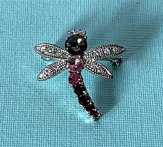 VIntage rhinestone dragonfly pin, pink dragonfly brooch, black dragonfly brooch, dragonflies, insect brooch, small dragonfly, pink dragonfly
