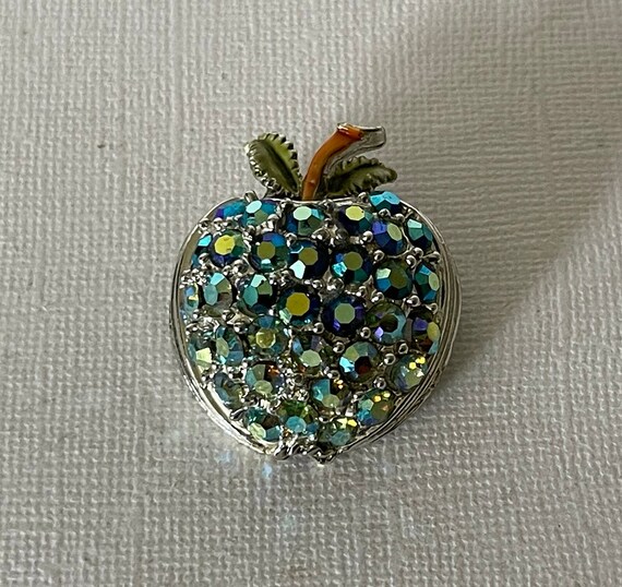 Vintage peacock rhinestone apple pin, blue rhines… - image 5