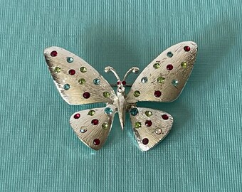 Vintage rhinestone butterfly pin, butterfly brooch, rainbow butterfly pin, silver butterfly pin, butterflies, insect pin, butterfly jewelry