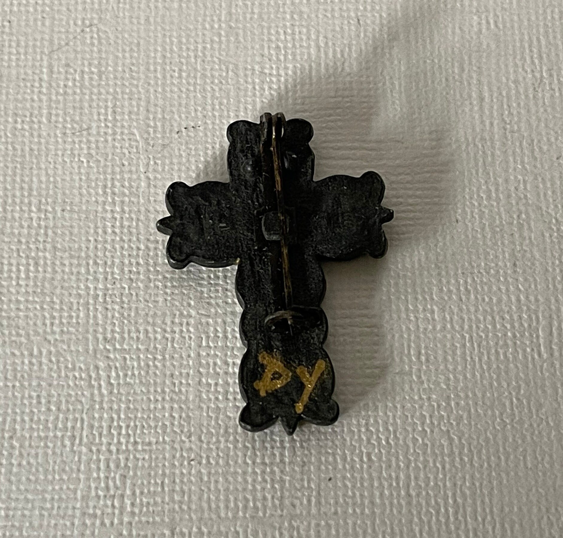 Broche Vintage Ancienne En Bronze - Motif Croix Avec Fleurs Et Palmes, Multicolore, Occasion