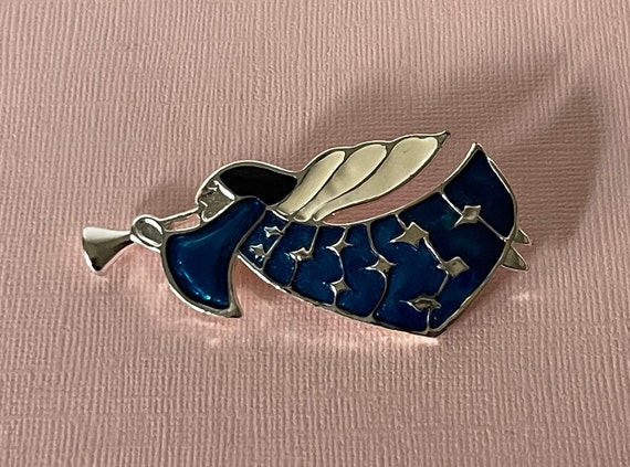 Vintage angel brooch, blue angel pin, Christmas a… - image 2