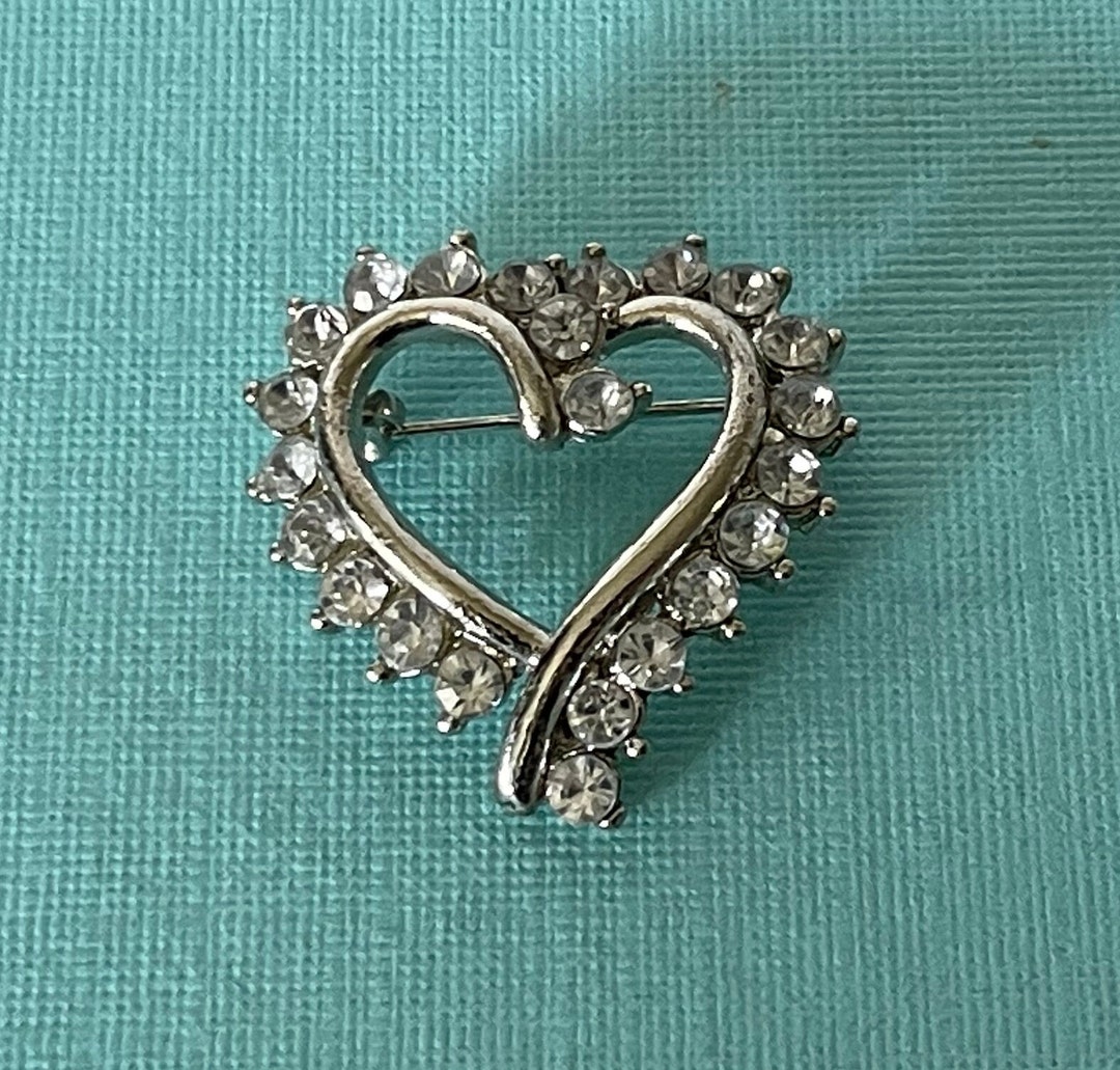 Vintage Rhinestone Heart Pin, Heart Brooch, Rhinestone Heart Pins