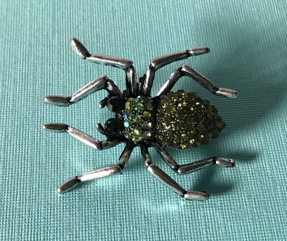 Green rhinestone spider pin, spider brooch, spider