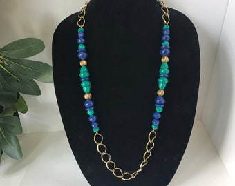 Vintage ONE OWNER long beaded necklace, green and blue beaded necklace, long necklace, 34" necklace, gold green and blue necklace, statement