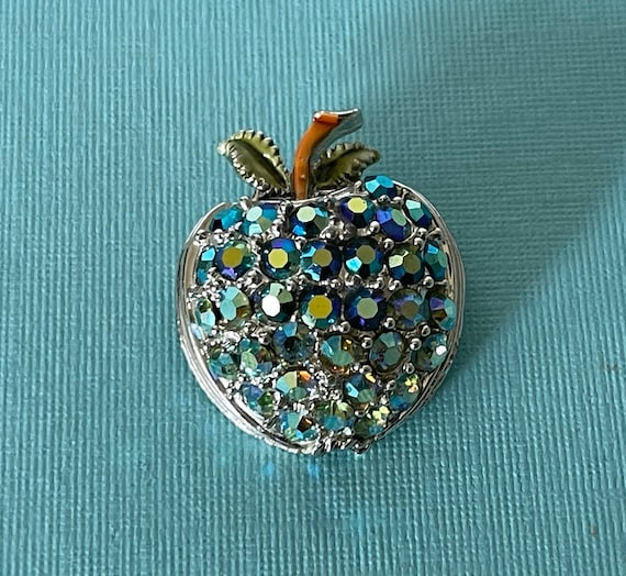 Vintage peacock rhinestone apple pin, blue rhines… - image 1