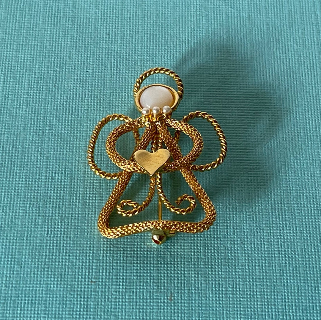 Vintage Angel Brooch, Angel Jewelry, Gold Angel Pin, Angel With Heart