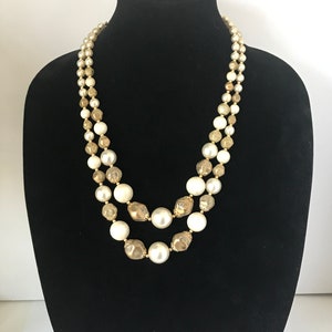 Vintage multi strand beaded necklace, white and gold beaded necklace, 24&quot; necklace, adjustable necklace, statement necklace, long necklace