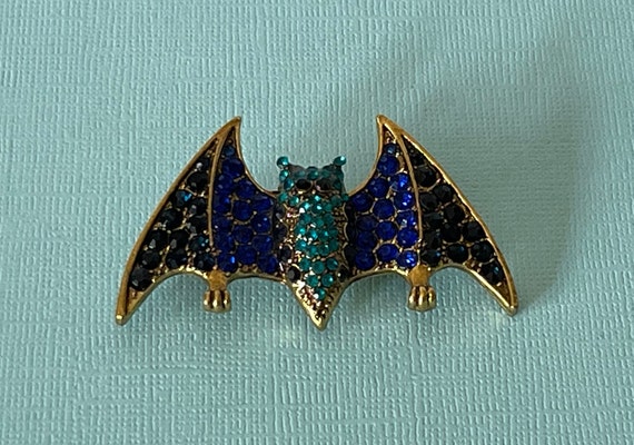 Rhinestone bat brooch, blue rhinestone bat pin, bat jewelry, Halloween jewelry, Halloween bat brooch, gold bat pin, blue rhinestone bat pin