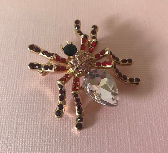 Pink rhinestone spider pin, rhinestone spider broo