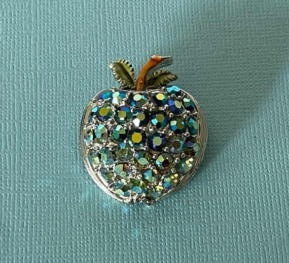 Vintage peacock rhinestone apple pin, blue rhines… - image 2