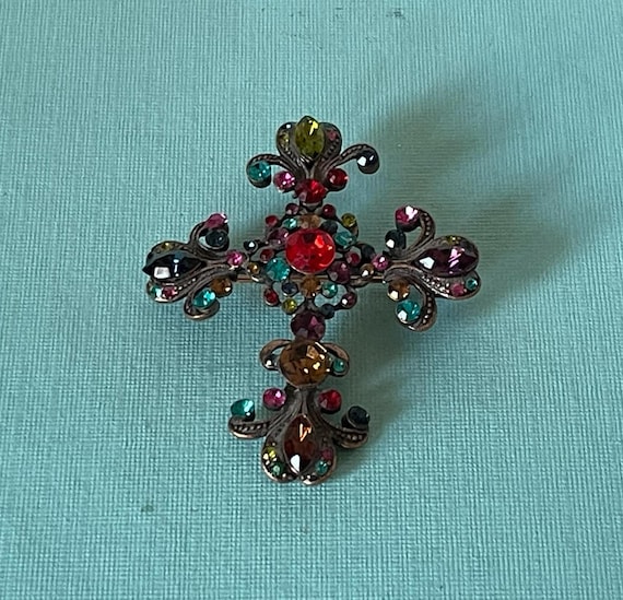 Large Vintage Cross Brooch, Rhinestone Cross Pin, GOD, Jesus