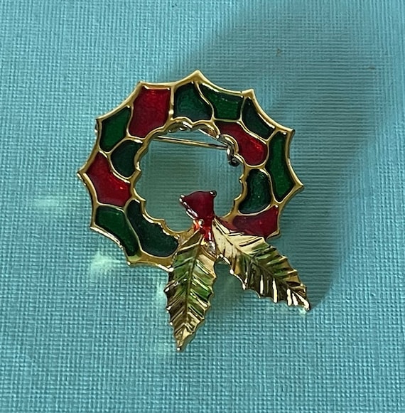 Vintage wreath brooch, gold wreath pin, green and 