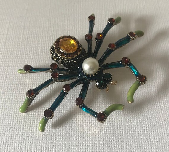 Large rhinestone spider pin, blue spider pin, yel… - image 4