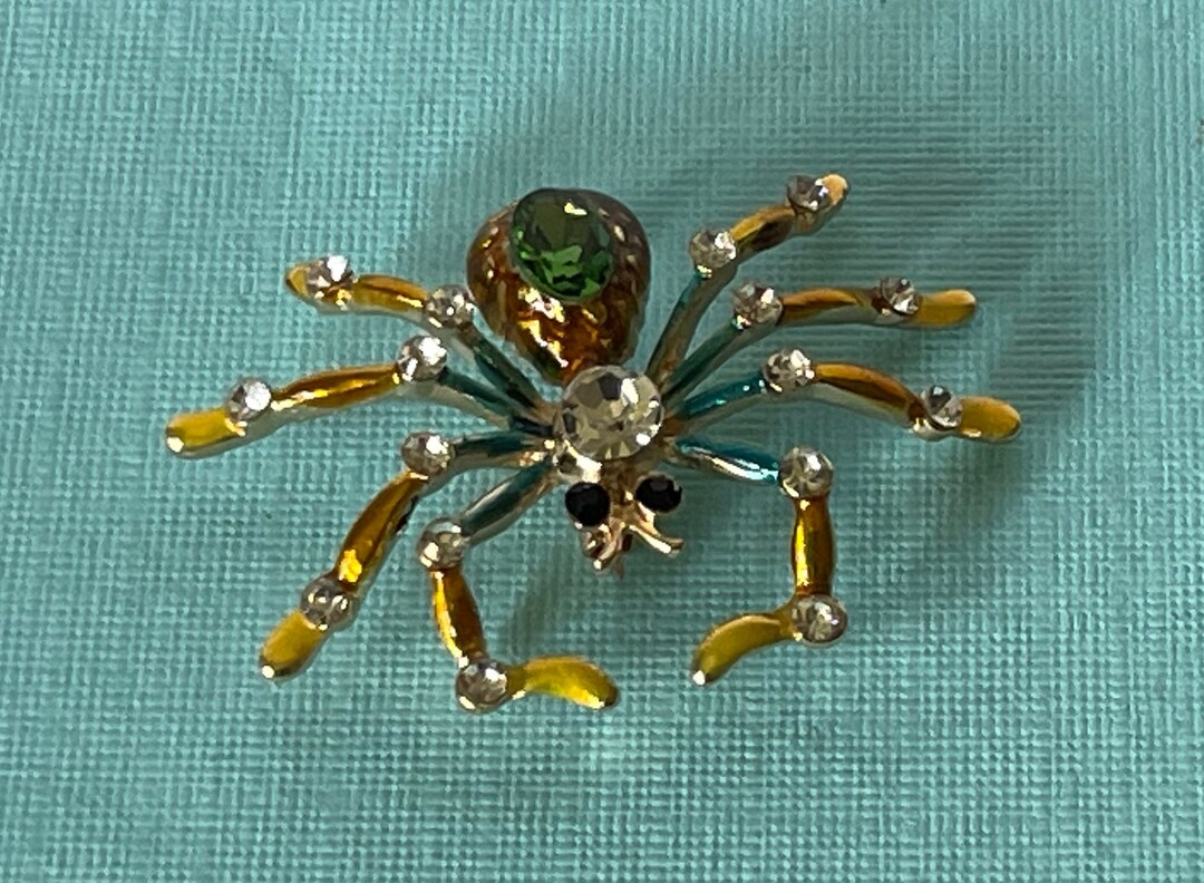 Rhinestone Spider Brooch, Green Rhinestone Spider Pin, Halloween Pin ...