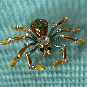 Rhinestone spider brooch, green rhinestone spider pin, Halloween pin, spider jewelry, yellow spider pin, rhinestone spider pin, Halloween