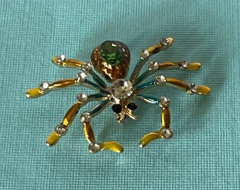 Rhinestone spider brooch, green rhinestone spider pin, Halloween pin, spider jewelry, yellow spider pin, rhinestone spider pin, Halloween