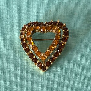 Vintage heart brooch, double heart pin, rhinestone heart brooch, Valentine&#39;s heart brooch, heart jewelry, gifts for her, brown heart, hearts