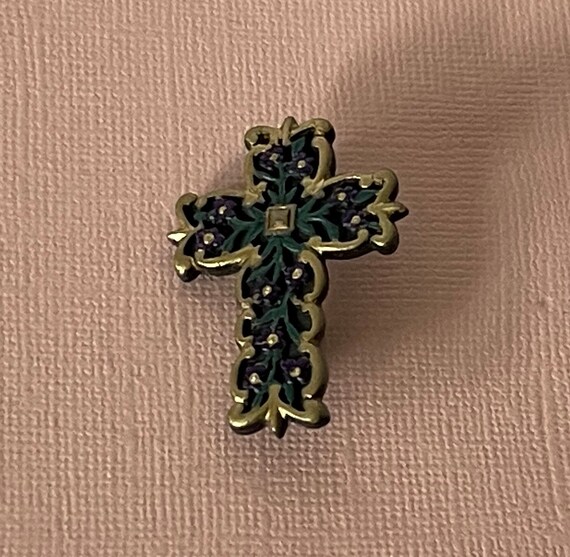 Vintage cross brooch, cross with flowers, gold cr… - image 2