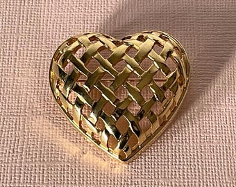 Vintage heart brooch,, gold heart brooch,, woven heart pin, lattice heart pin, Valentine's heart brooch, Valentine's jewelry, heart jewelry