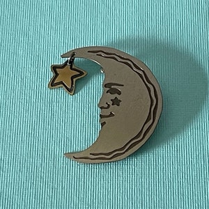 Vintage crescent moon pin, man in the moon pin, moon with dangling star pin, waning crescent moon brooch, silver moon pin, gold moon pin