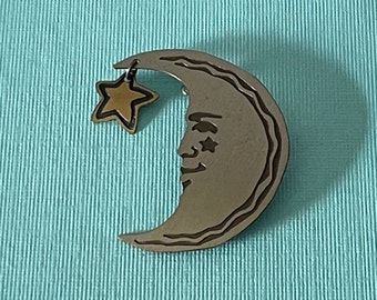 Vintage crescent moon pin, man in the moon pin, moon with dangling star pin, waning crescent moon brooch, silver moon pin, gold moon pin