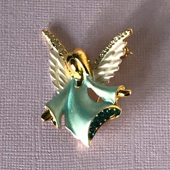 Vintage rhinestone angel brooch, blue angel pin, … - image 3