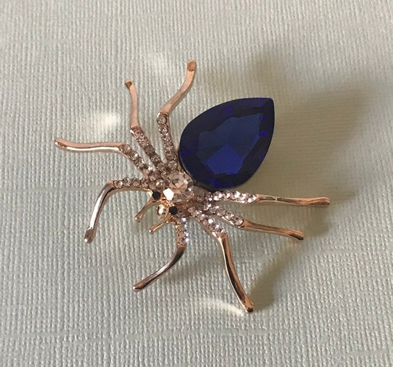 Rhinestone spider pin, spider brooch, blue rhines… - image 7