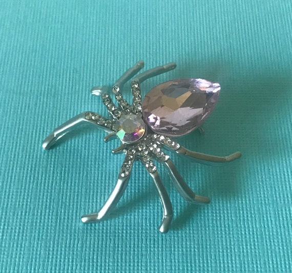 Pink rhinestone spider pin, aurora borealis rhines