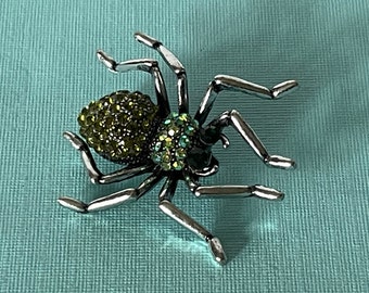 Rhinestone spider pin, green rhinestone spider brooch, spider jewelry, Halloween jewelry, insect pin, bug pin, bug pins, spider brooches