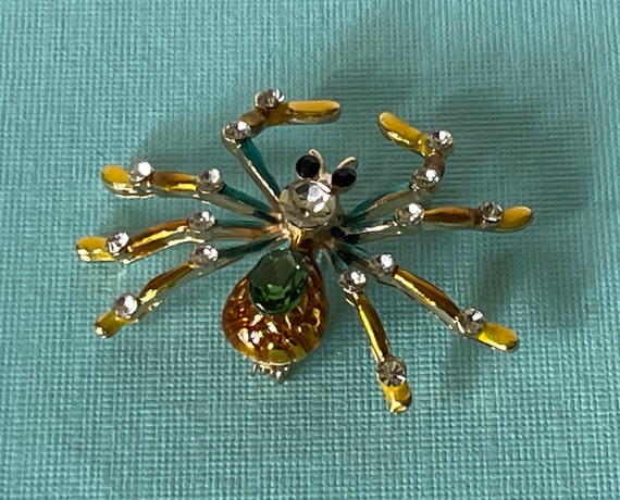 Rhinestone spider brooch, green rhinestone spider… - image 5