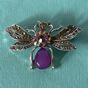 purple aurora borealis rhinestone bee pin, rhinestone dragonfly pin, purple rhinestone bumble bee brooch, purple bee pin, large bee pin, bee