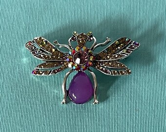 purple aurora borealis rhinestone bee pin, rhinestone dragonfly pin, purple rhinestone bumble bee brooch, purple bee pin, large bee pin, bee